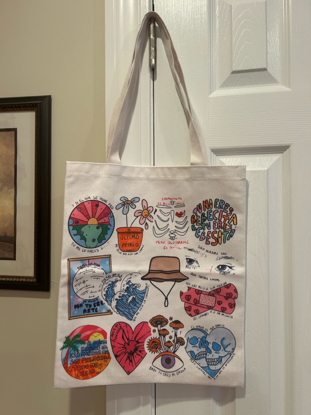 Bad Bunny Canvas Tote Bag with Colorful Graphic Lyrics 🐰🎵 - Picture 2 of 12